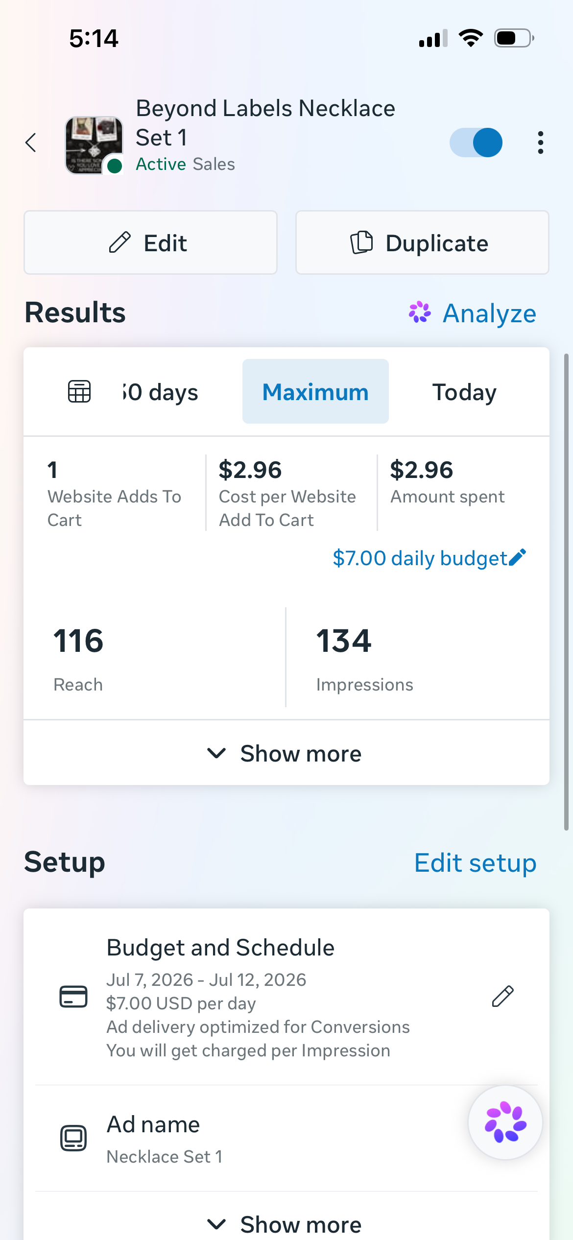 Beyond Labels Gifts Facebook ad results showing ecommerce add to cart performance from a Stackmode advertising campaign