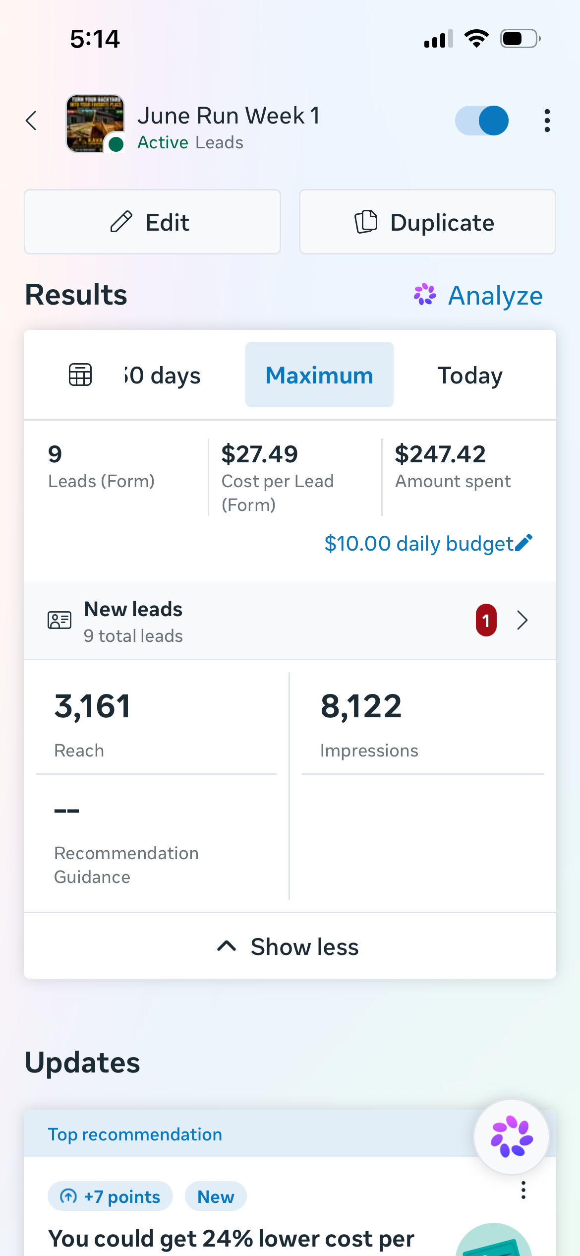 Kava Construction deck building Facebook ad results showing home service lead costs from a Stackmode campaign