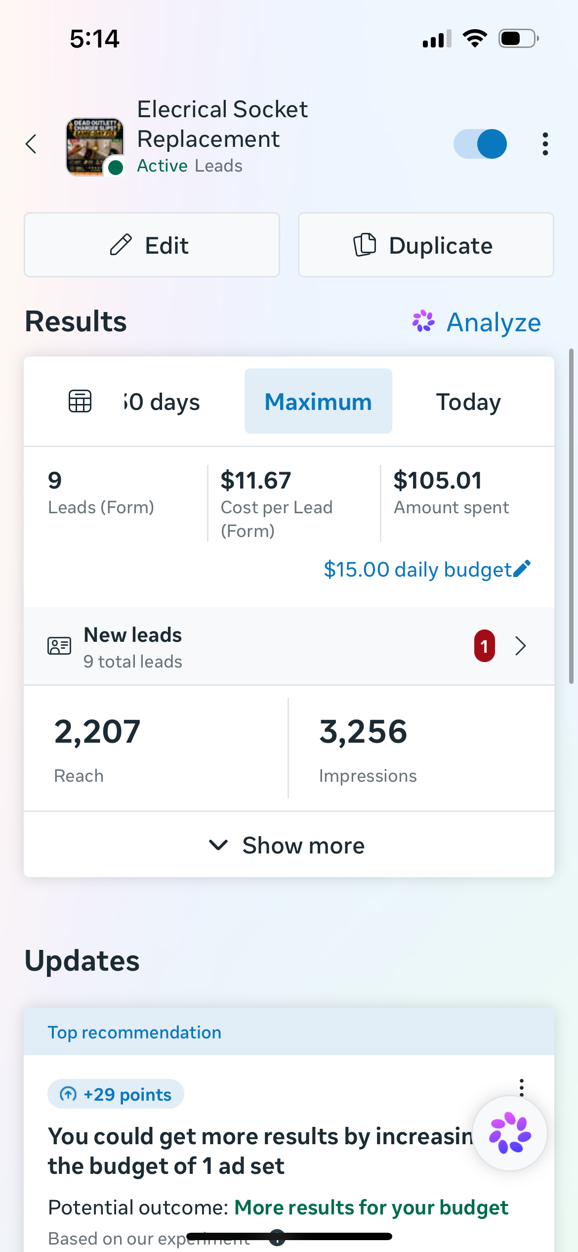 Mor Handy electrical socket replacement Facebook lead ad results showing cost per lead from a Stackmode campaign