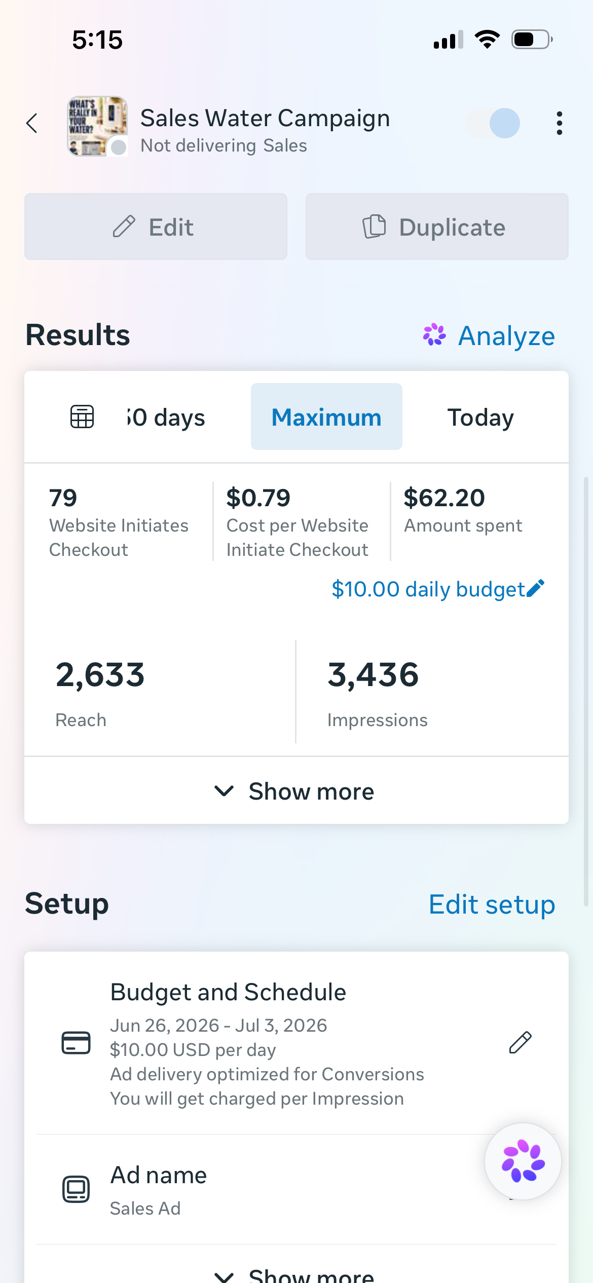 Ryan Pool Sr Enagic Facebook ad results showing website initiate checkout performance from a Stackmode digital advertising campaign