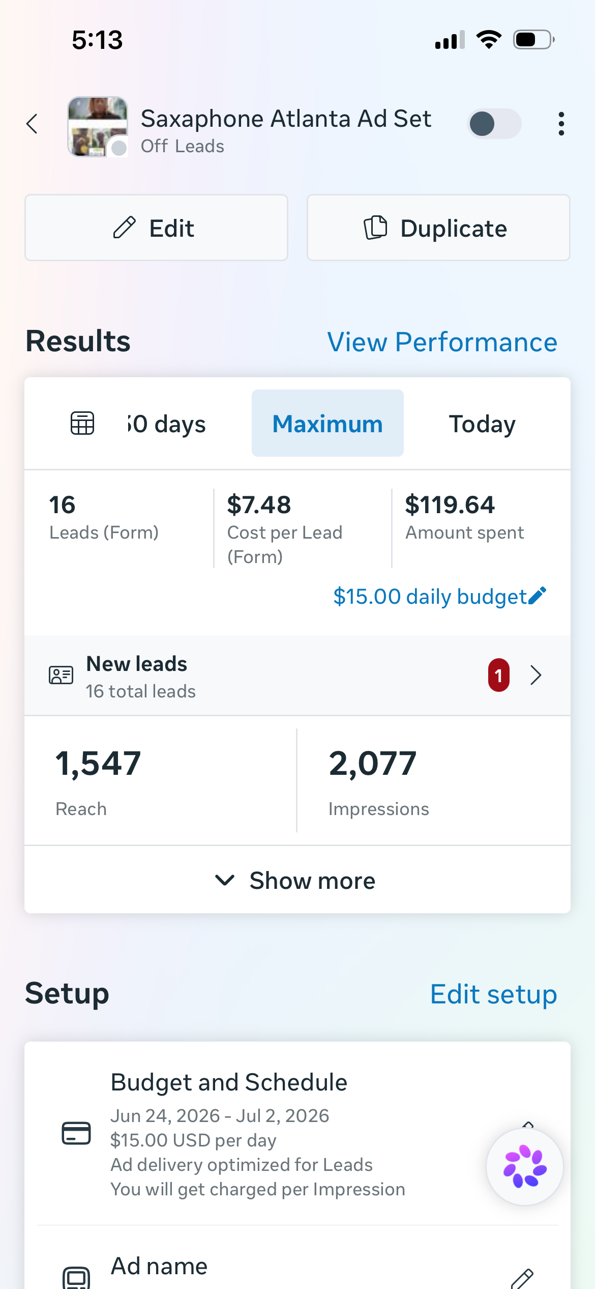 Saxophone Atlanta Facebook lead ad results showing form leads from a Stackmode campaign