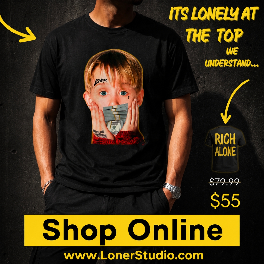 Rich Alone merch ad designed by Stackmode