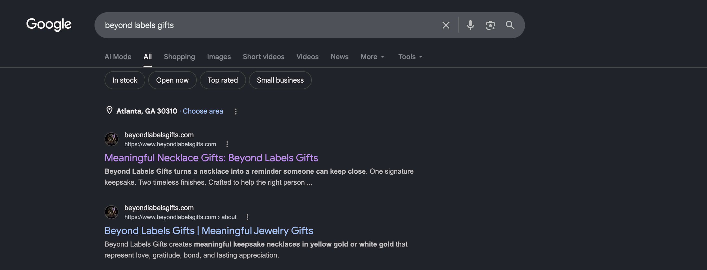 Beyond Labels Gifts ranking in Google search results