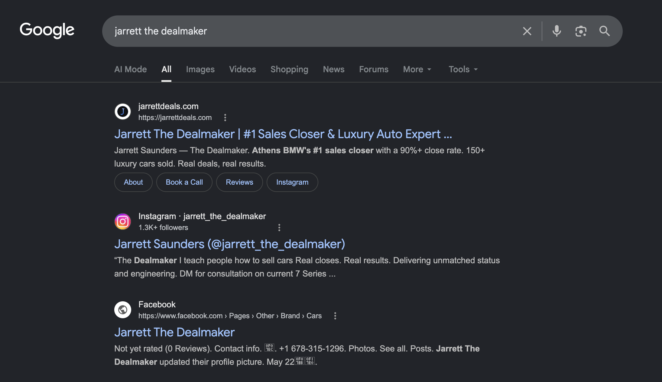 Jarrett The Dealmaker ranking in Google search results