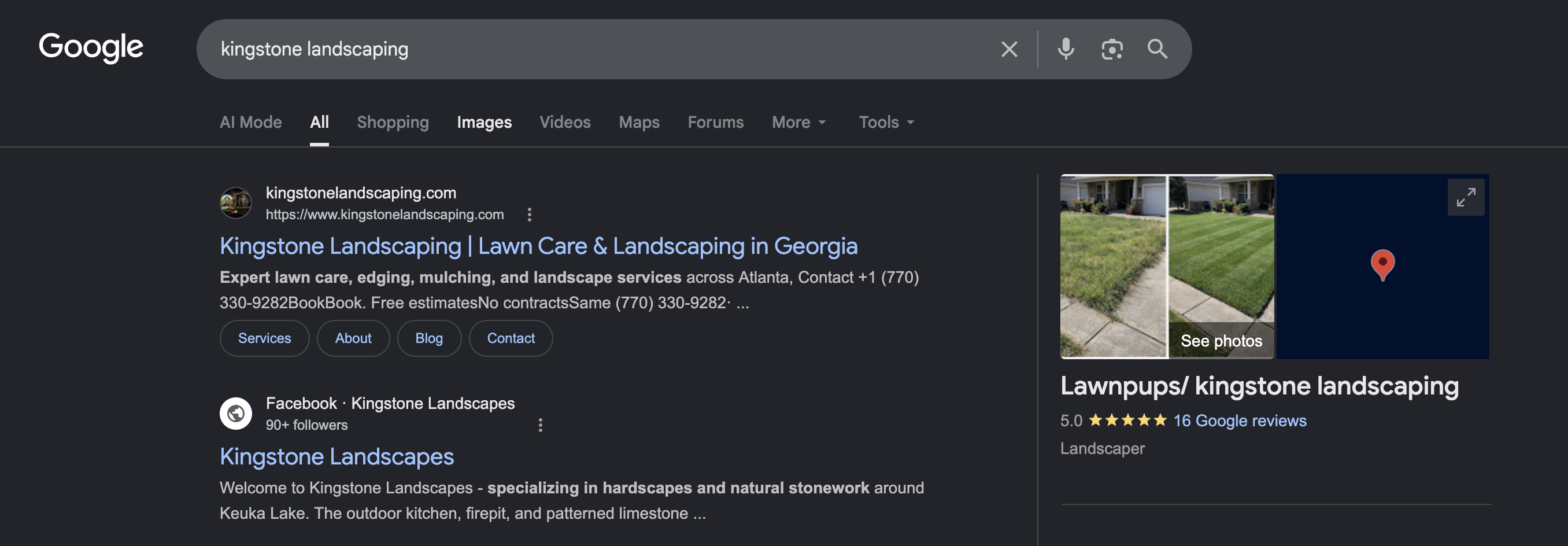 Kingstone Landscaping ranking in Google search results