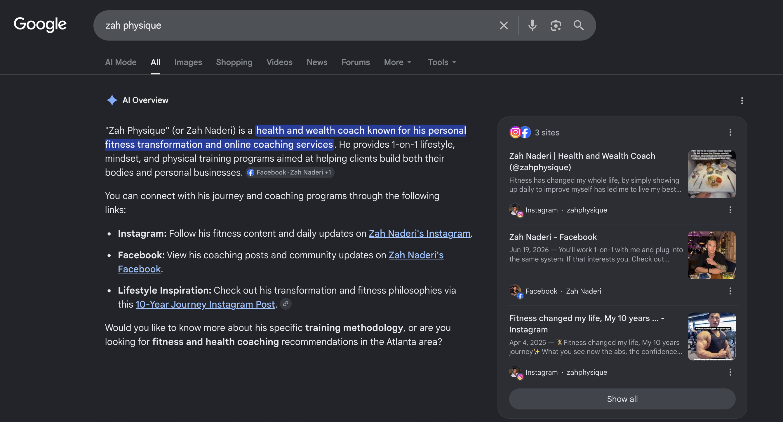Zah Physique ranking in Google AI overview and search results