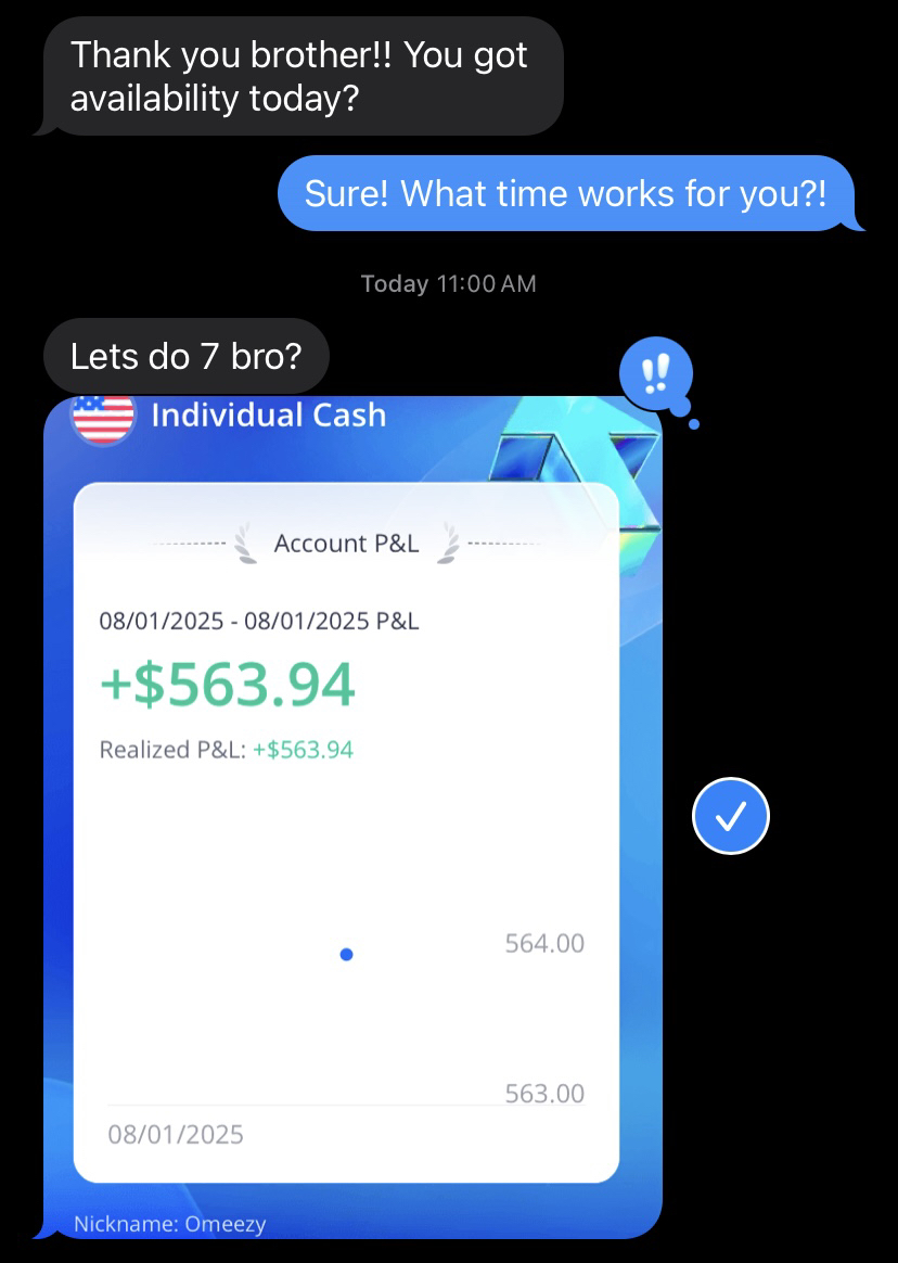 Stackmode student account profit screenshot with follow-up mentorship scheduling conversation