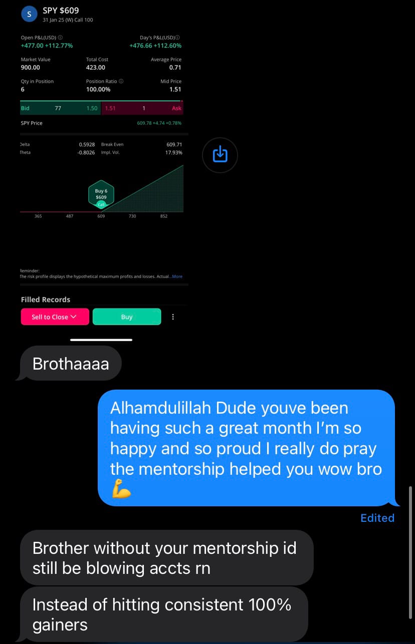 Student text saying Stackmode trading mentorship stopped them from blowing stock accounts