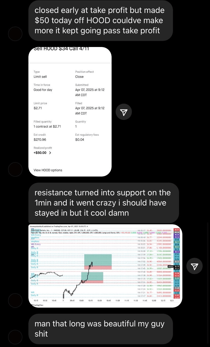 Student message explaining Hood call option profit and chart continuation after taking profit from a Stackmode setup