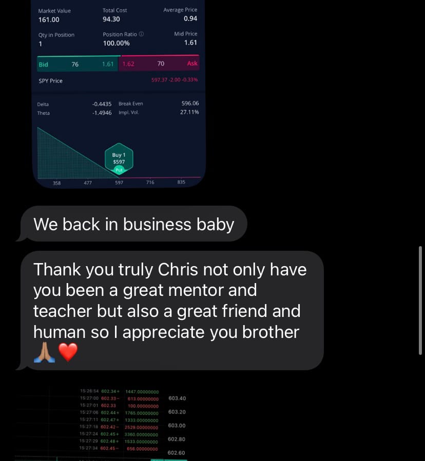 Student message calling Stackmode a great trading mentor teacher and friend