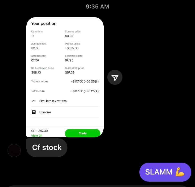 CF stock option position screenshot with over fifty six percent gain shared in Stackmode mentorship messages
