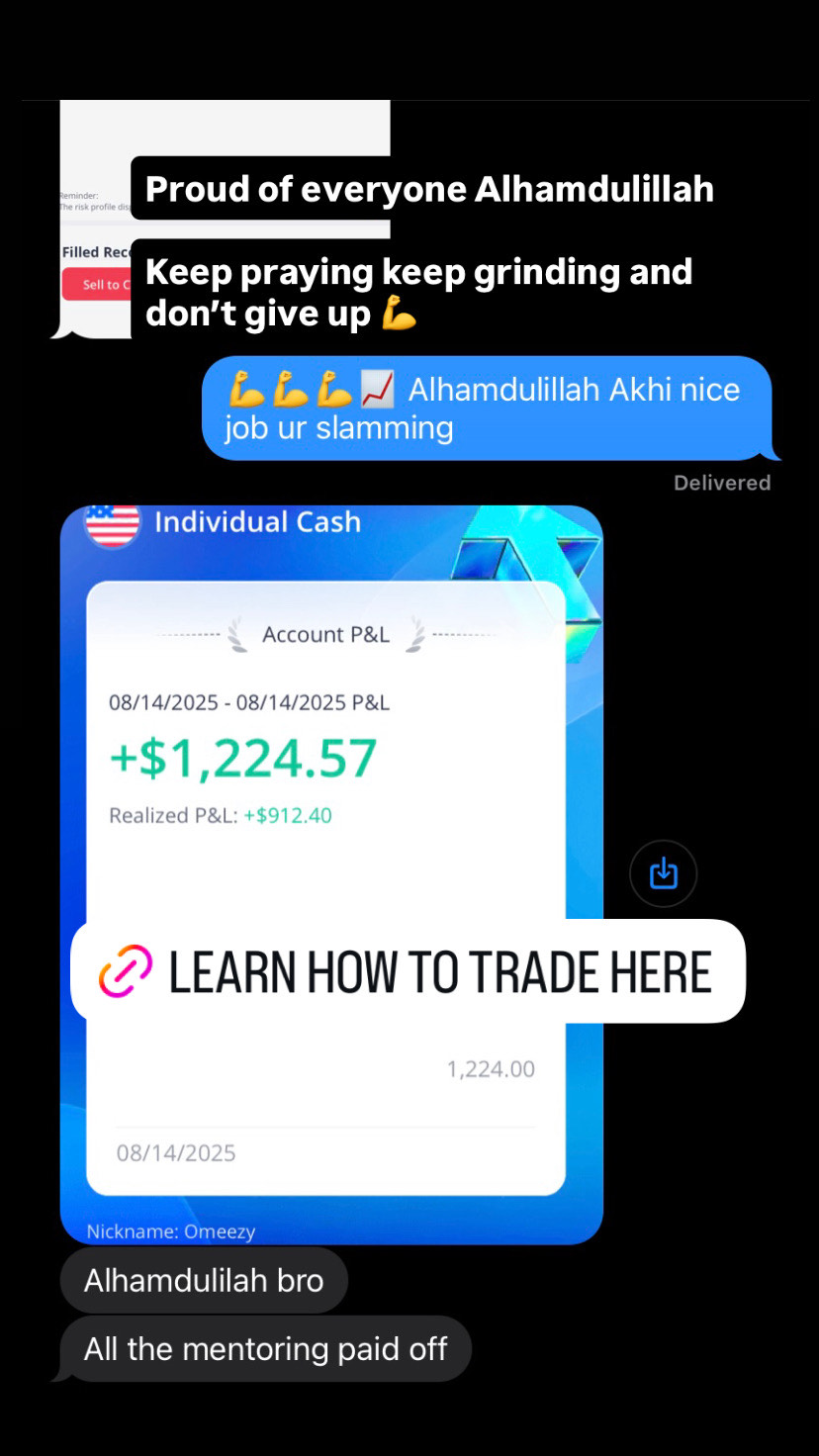 Student message saying the mentoring paid off after earning over twelve hundred dollars trading stocks