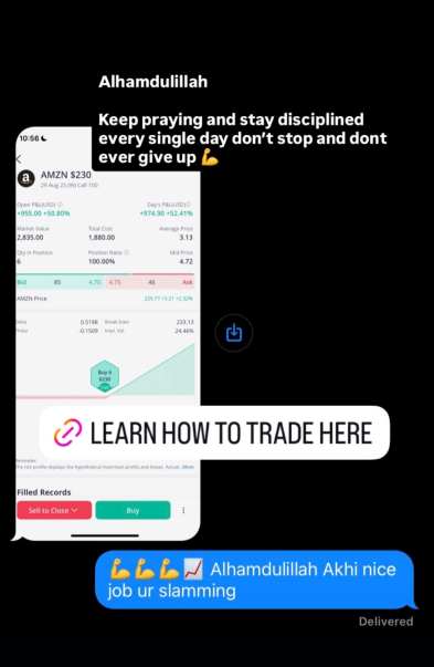Stackmode stock trading student screenshot with Amazon options gains and a message about staying disciplined every day