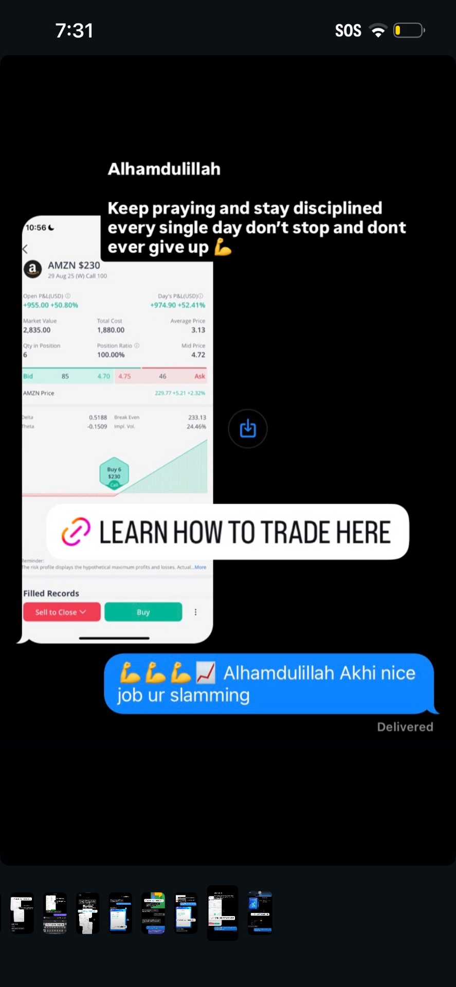 Amazon stock options gain screenshot shared as Stackmode learning proof with a trade education link
