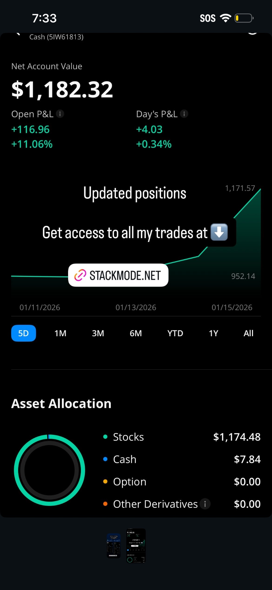Updated stock positions and net account value growth screenshot from a Stackmode student result