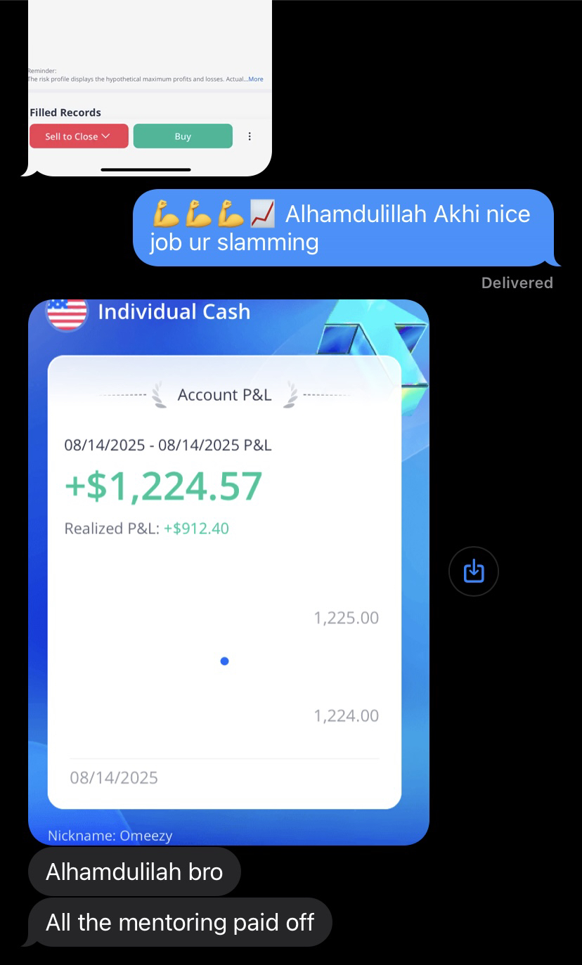 Stackmode student profit screenshot showing over one thousand dollars in a single trading day