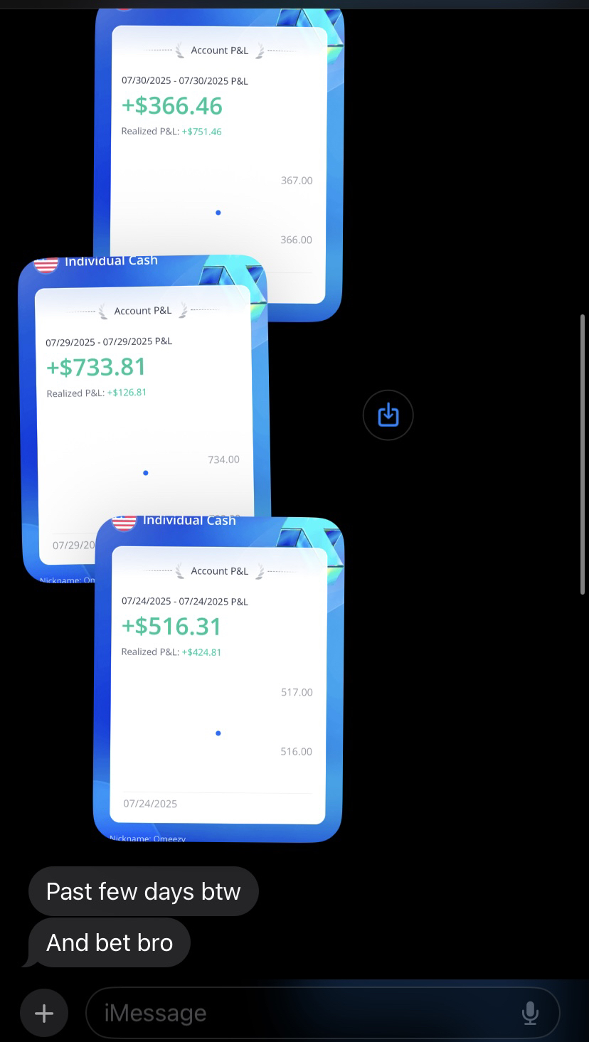 Multiple daily account profit screenshots from a Stackmode trading student showing several green days in a row
