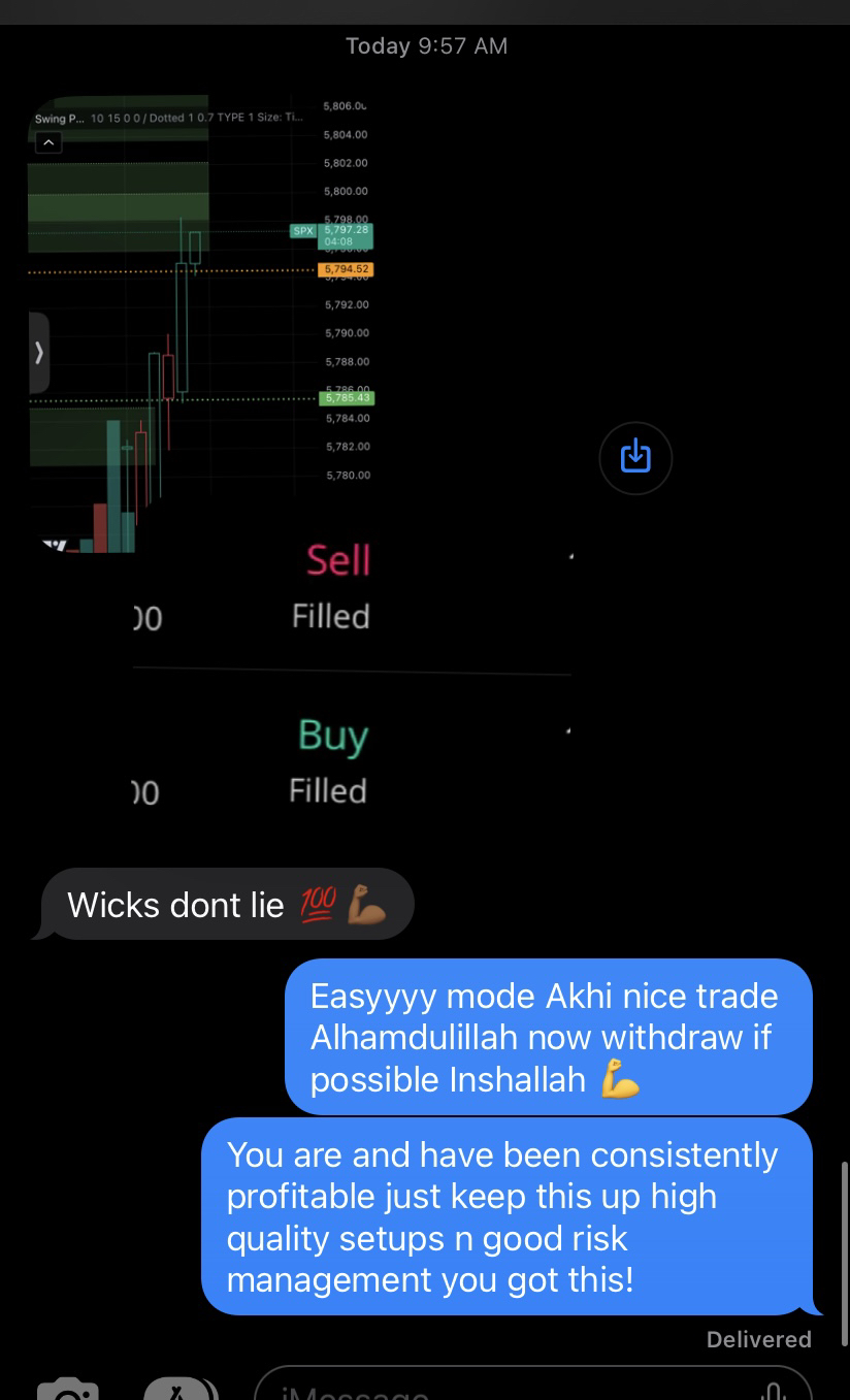 Student message saying wicks do not lie after a clean stock trade from the Stackmode trading system