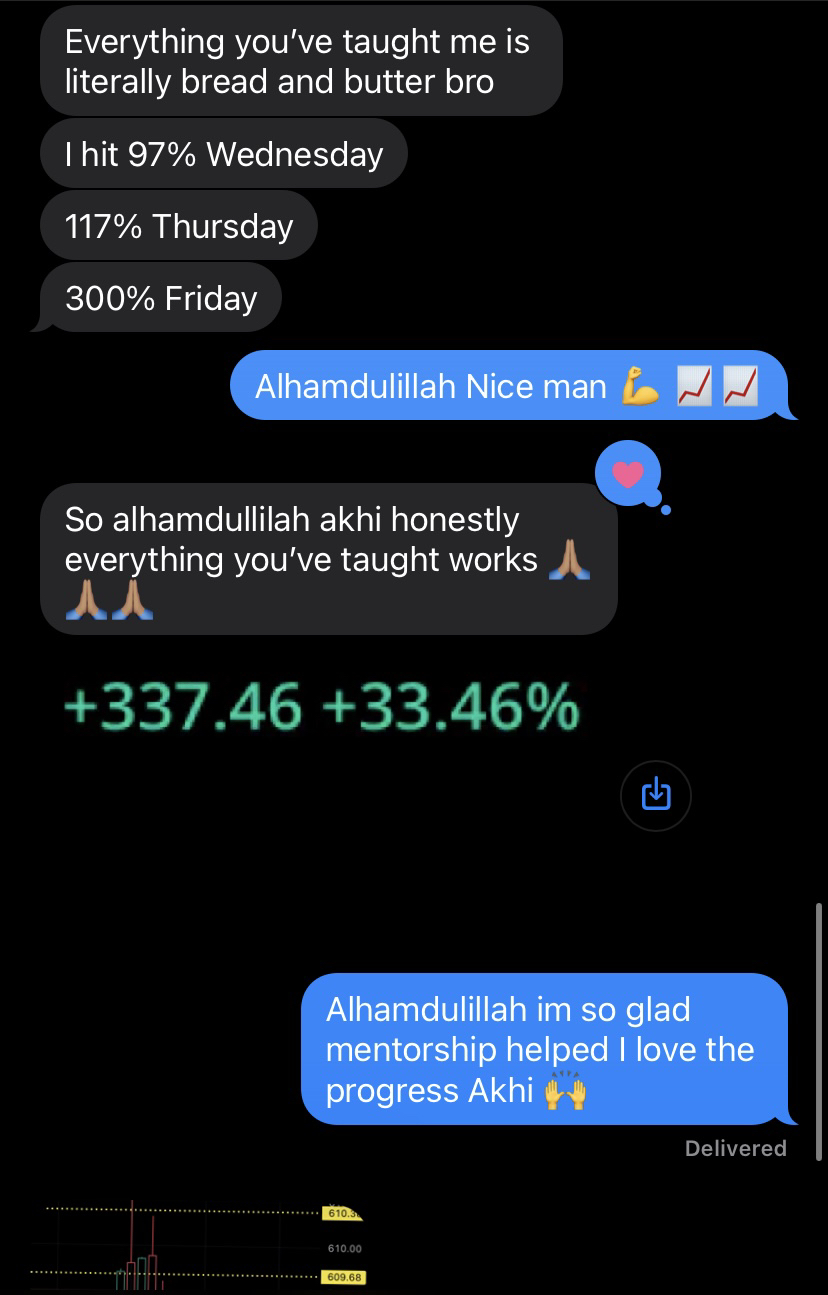 Student message saying everything taught in Stackmode works after several profitable stock trading days