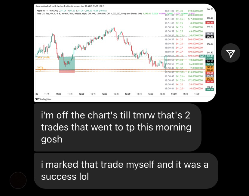 Student message saying they marked the stock trade themselves and the trade went to take profit