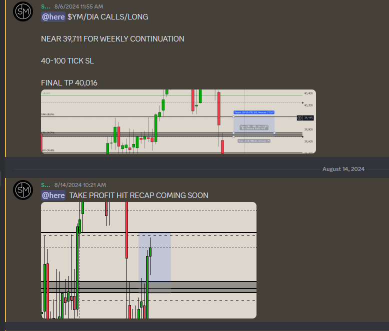 Trading Discord recap showing stock index callout and take profit hit using the Stackmode process